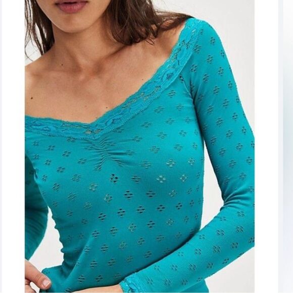 Free People Intimately Eyelet Seamless Long Sleeve | M/L | Teal - Picture 1 of 10